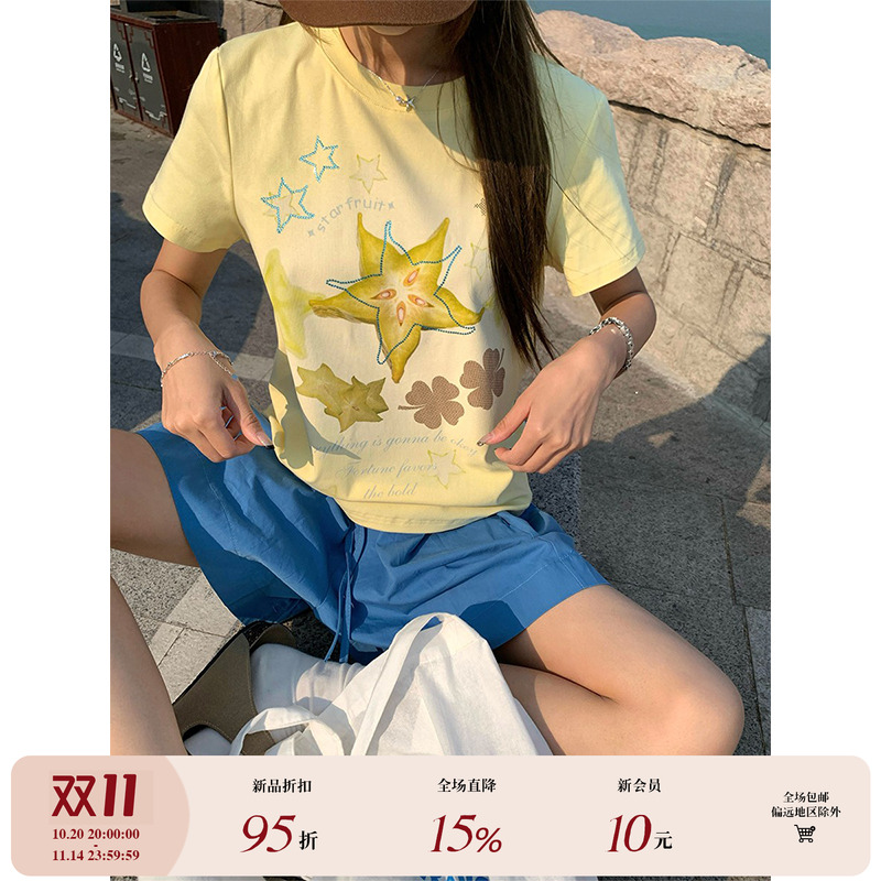 CCKOK小杨桃切片印花烫钻正肩T恤2025夏季新款百搭学院港风短袖女