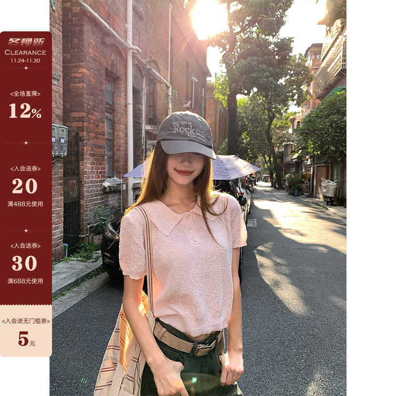 CCKOK纯色翻领短袖针织上衣