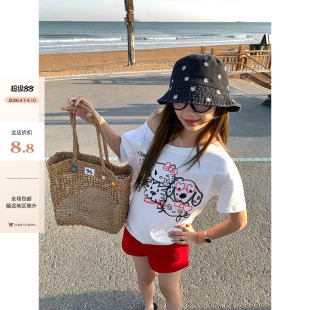 搞怪卡通大领斜肩宽松T恤夏季 现货 CCKOK 女 露肩设计小猫短袖