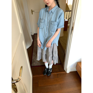CCKOK 天丝牛仔短袖衬衫2026夏季新款休闲浅蓝色亲肤宽松外套女