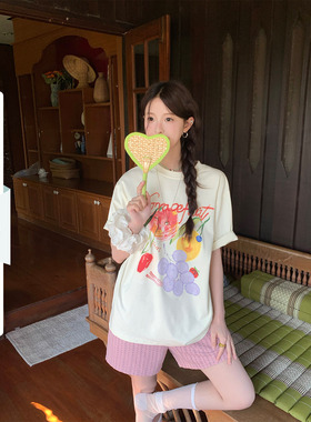 CCKOK水果印花宽松短袖2026夏季新款100%棉休闲舒适小众设计T恤女