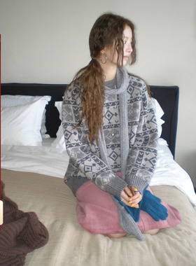 CCKOK 1220/20:00冬季韩系通勤穿搭灰色方格图腾提花厚毛衣女外套