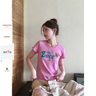 CCKOK 字母印花正肩T恤2026夏季新款休闲舒适修身设计粉色短袖女