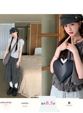CCKOK 细格纹泡泡袖上衣2026夏季新款休闲舒适宽松复古格子短袖女