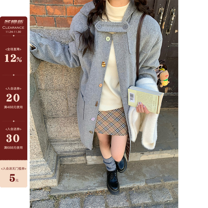 CCKOK毛呢拼接格纹连帽大衣