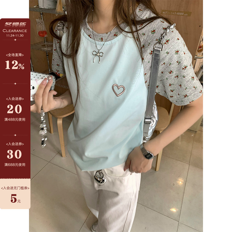 【现货】CCKOK 双版本碎花插袖T恤甜美别致减龄套头短袖上衣女夏