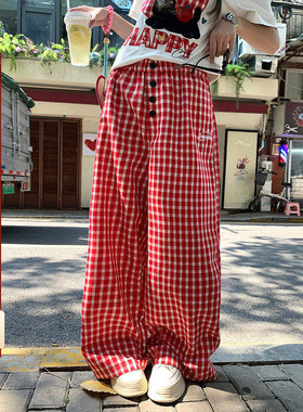 CCKOK 红色格纹阔腿休闲裤2025夏季新款宽松显瘦美式直筒格子裤女