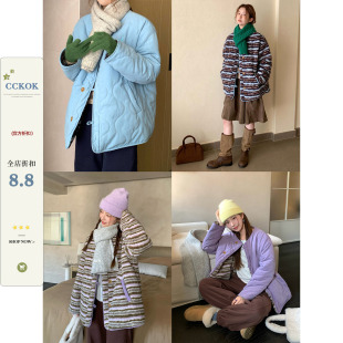 CCKOK 冬季韩系气质保暖双面穿拼条纹绒毛圆领棉服女外套