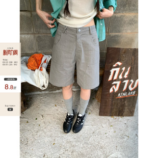 100%棉休闲阔腿短裤 2026春夏新款 女 炒色洗褪灰色直筒中裤 CCKOK