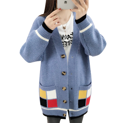 外套女慵懒宽松拼色V领针织开衫