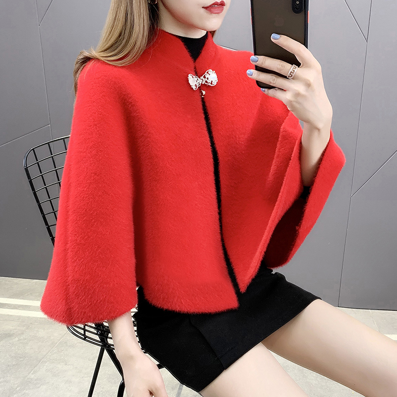 水貂绒毛衣外套女士短外套旗袍披肩外搭2021秋冬新款斗篷百搭坎肩