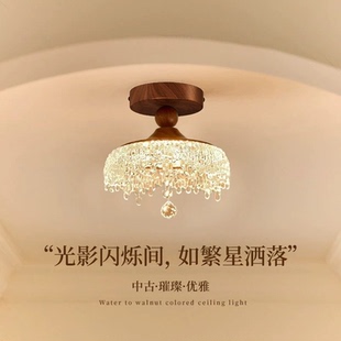 法式中古风水滴入户玄关过道走廊灯胡桃木色高级感复古阳台吸顶灯