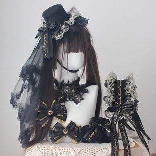 鎏金絮语头饰lolita黑金发带 小礼帽手袖边夹对夹 洛丽塔发饰小物