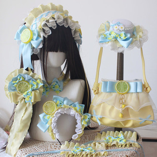 原创手作柠檬海盐蓝黄配色小物套装Lolita夏日清新森女发饰小礼帽
