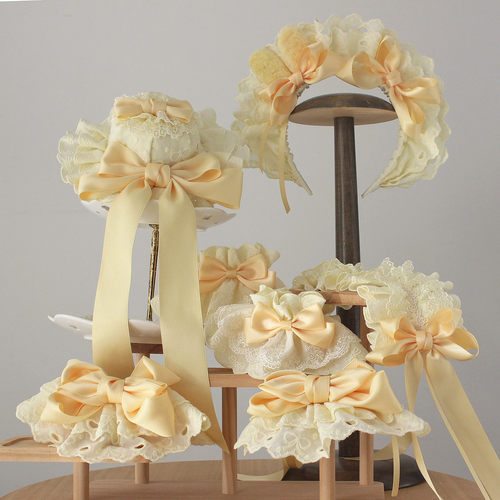 原创手作甜妹Lolita浅黄发饰奶黄色洛丽塔小物可爱头饰发带小礼帽