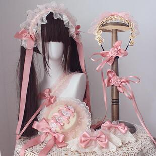 原创手作小芙蝶生成烟粉色lolita头饰芭蕾风cla系少女扁帽发带KC