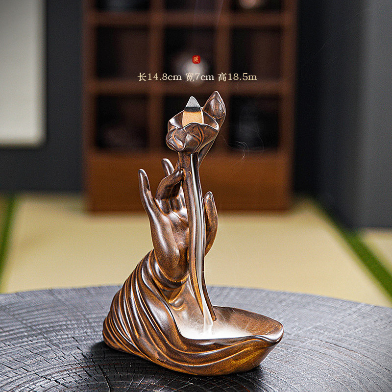 红陶流烟香炉 佛手拈花示众禅意摆件 家居室内玄关书房茶桌摆件