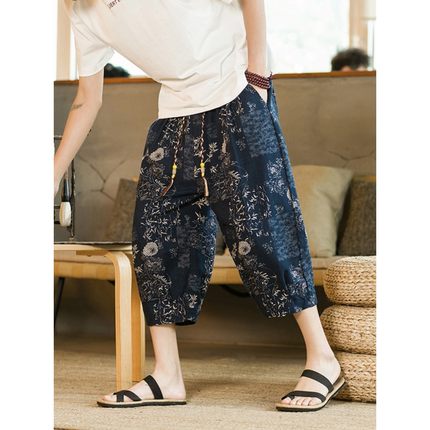 宽松大码男士7七分裤潮中国风男大裤衩胖子阔腿亚麻休闲短裤夏季