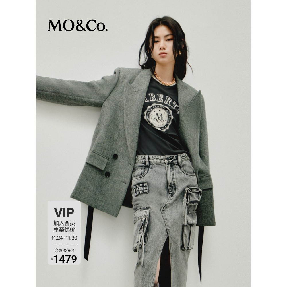 【MOCO奥莱】外套绵羊毛牦牛绒人字纹飘带垫肩西装摩安珂