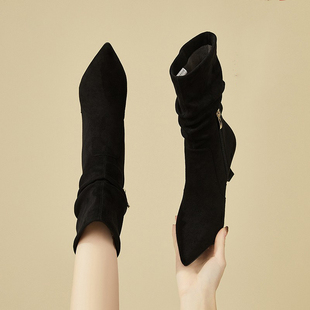 中筒靴女靴子秋冬季2025新款侧拉链尖头加绒短靴高跟鞋绒面堆堆靴