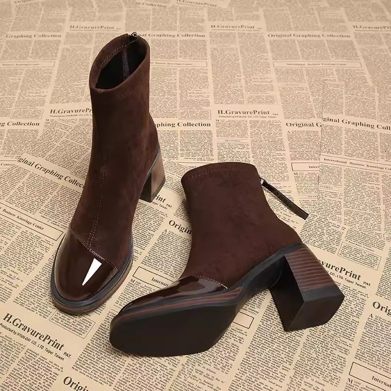 银泰百货高跟短靴瘦瘦靴绒面加绒