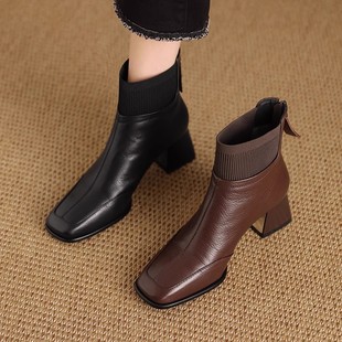 粗跟中跟高跟毛线口马丁靴 5cm复古针织弹力短靴女2025年秋冬新款