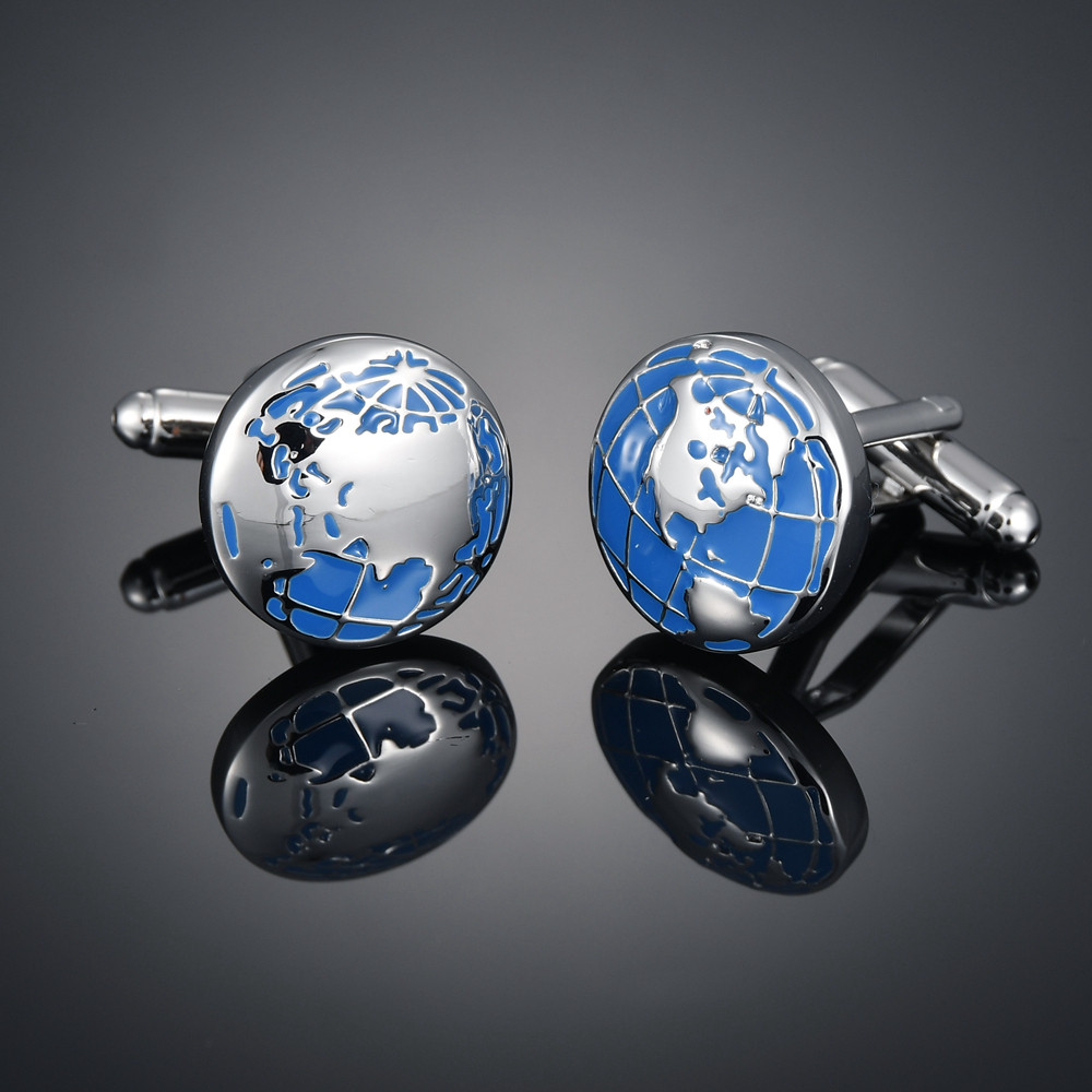 盒装蓝色地球仪袖扣 法式长袖衬衫袖钉 衬衣配饰Cufflinks