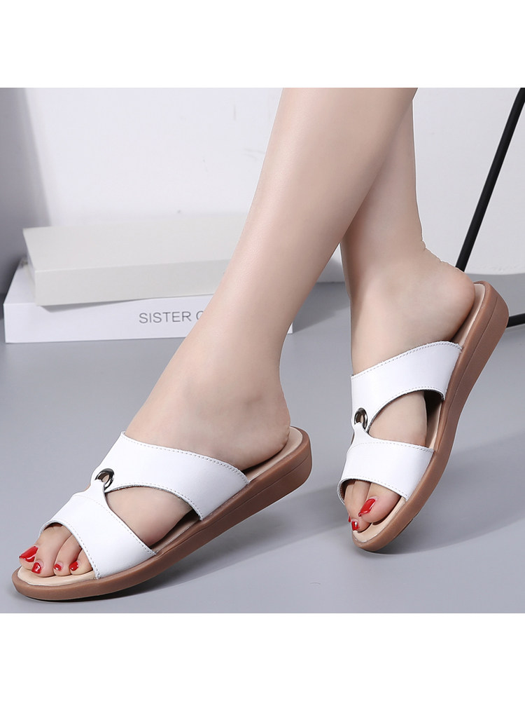 夏季小语鹿新款女鞋休闲平底外穿妈妈鞋防滑一字型女凉拖沙滩鞋女