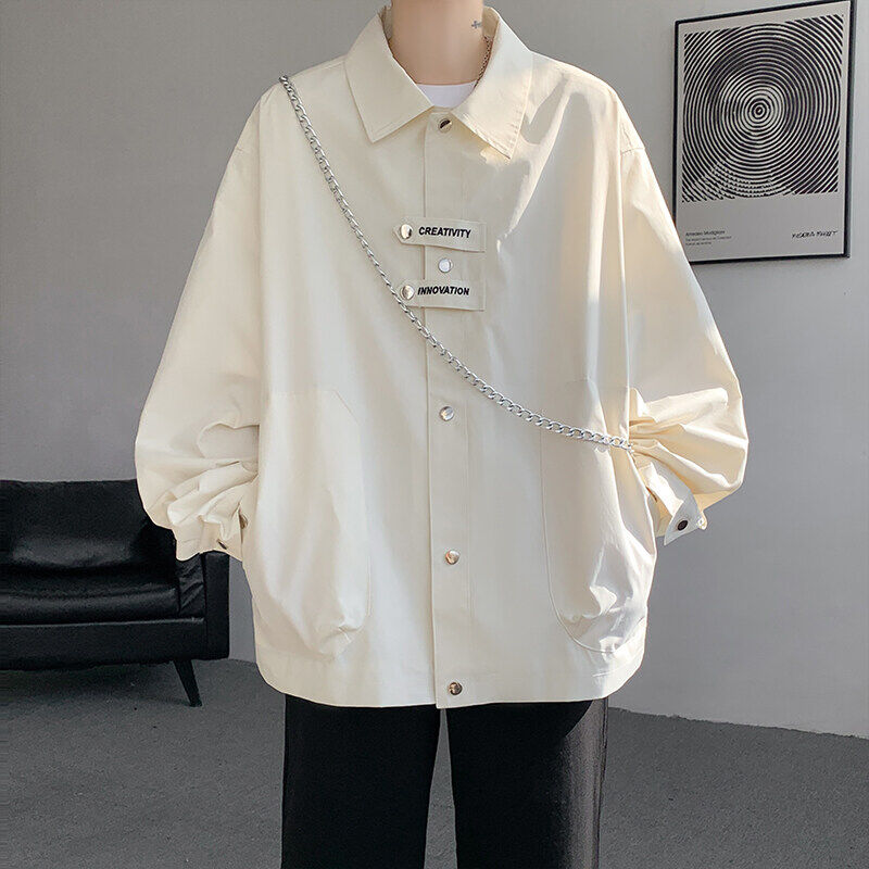 米白色翻领衬衫式夹克男生春秋季高级感韩版衬衣宽松青少年薄外套