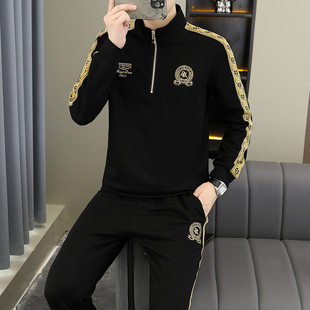 欧货时尚卫衣套装男轻奢高端修身半拉链T恤刺绣长袖长裤两件套潮