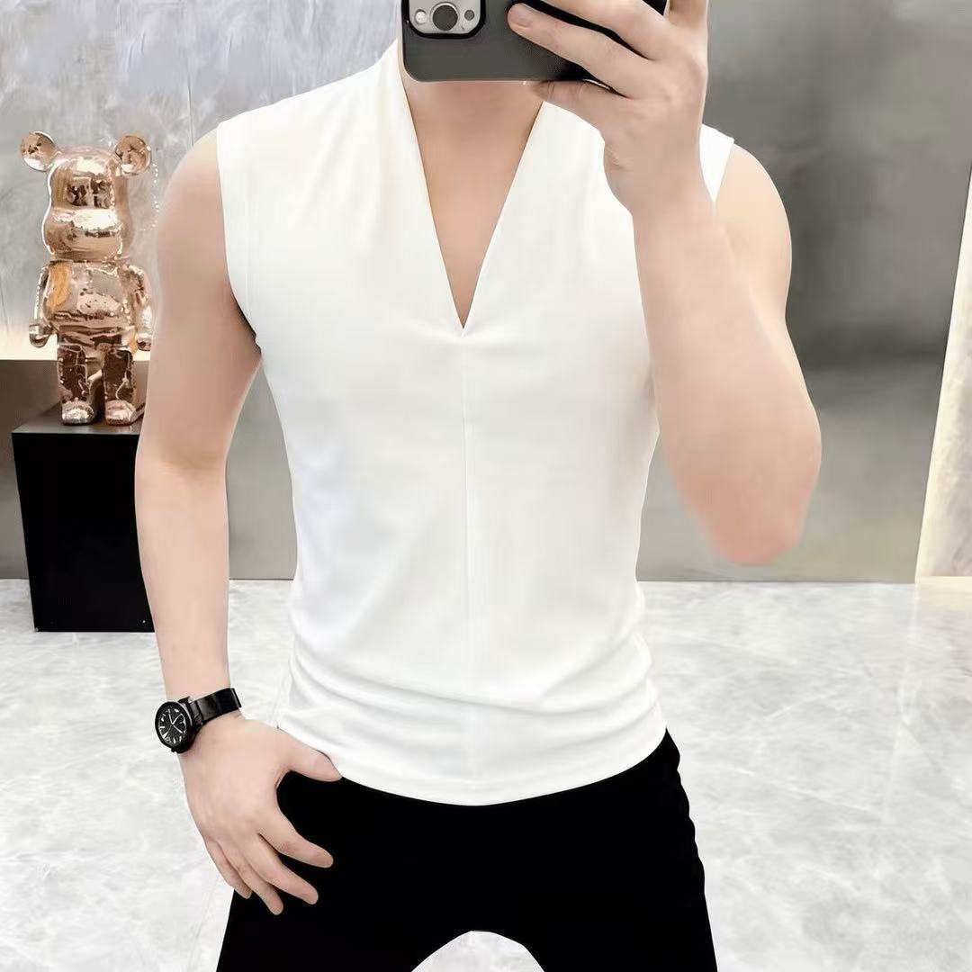 深V领背心男款打底衫男士外穿无袖t恤2026新款痞帅风修身冰丝上衣图片