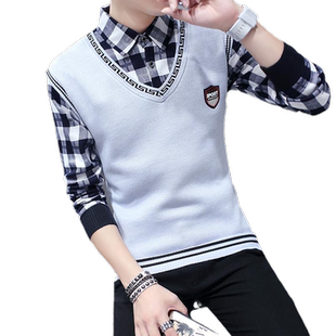 秋冬季毛衣男假两件加绒加厚保暖衬衣潮流线衣衬衫外套上衣服男装