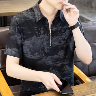 新款 国风半拉链polo衫 2025夏季 短袖 山水墨画印花冰丝休闲T恤 男士