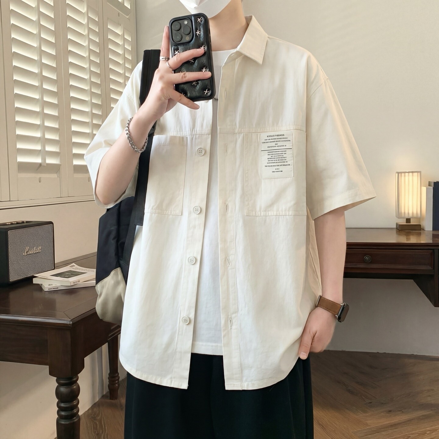 工装短袖衬衫男夏季薄宽松宽松纯棉五分袖衬衣男生夏天休闲薄外套