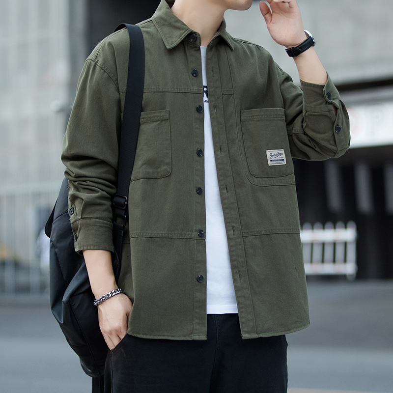 男士工装翻领夹克2025春秋季新款青年衬衫长袖上衣服初秋天外套潮