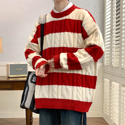 秋冬款条纹拼色针织衫男士潮牌时尚圆领加厚毛衣冬季保暖毛线衣服