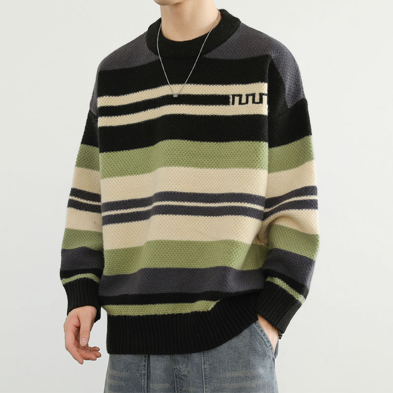 圆领毛衣男款秋冬季撞色条纹针织衫男潮牌内搭青少年加厚保暖线衣
