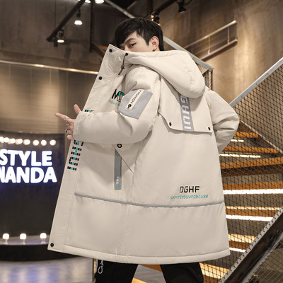 中长款外套男士秋冬季韩版潮流加绒加厚连帽风衣潮牌青少年夹克男