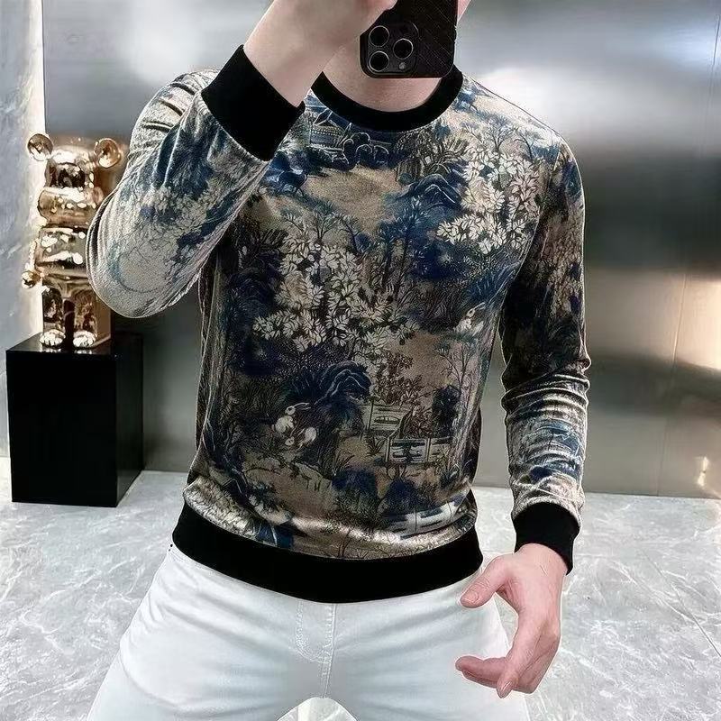 欧洲站男士山水印花长袖卫衣丝绒澳绒烫金保暖复古轻奢休闲打底衫