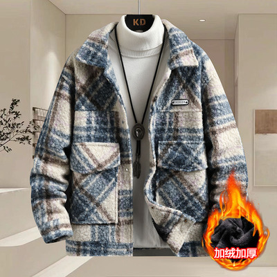 冬季羊羔绒外套男士加绒加厚2025新款翻领宽松男款呢子棉袄棉衣服
