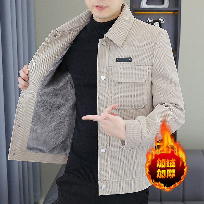 翻领加绒加厚呢子夹克男青年痞帅潮牌百搭工装外套韩版保暖毛呢潮,男装,夹克,淘宝优惠券,粉丝福利购,淘宝优惠卷