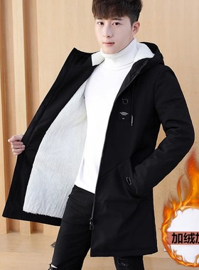 男士外套秋冬季2025新款连帽夹克韩版潮流加绒加厚中长款风衣棉袄