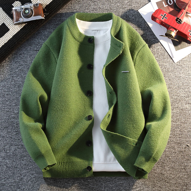 秋季新款圆领绿色简约针织开衫外套男士青年修身百搭毛衣上衣褂子