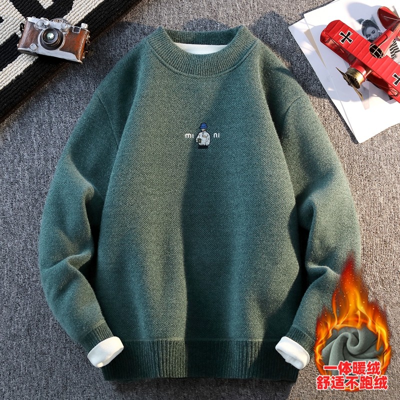 圆领一体绒毛衣男加绒保暖针织衫秋冬季刺绣潮流百搭男士毛衣上衣