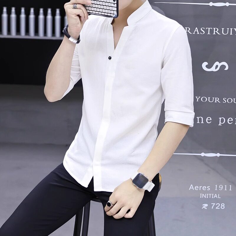 纯棉短袖衬衫韩版修身立领七分袖夏季中国风休闲唐装衬衣外套男