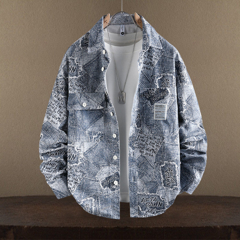 牛仔长袖衬衫夹克男蓝色个性涂鸦印花青少年学生潮春季纯棉薄外套