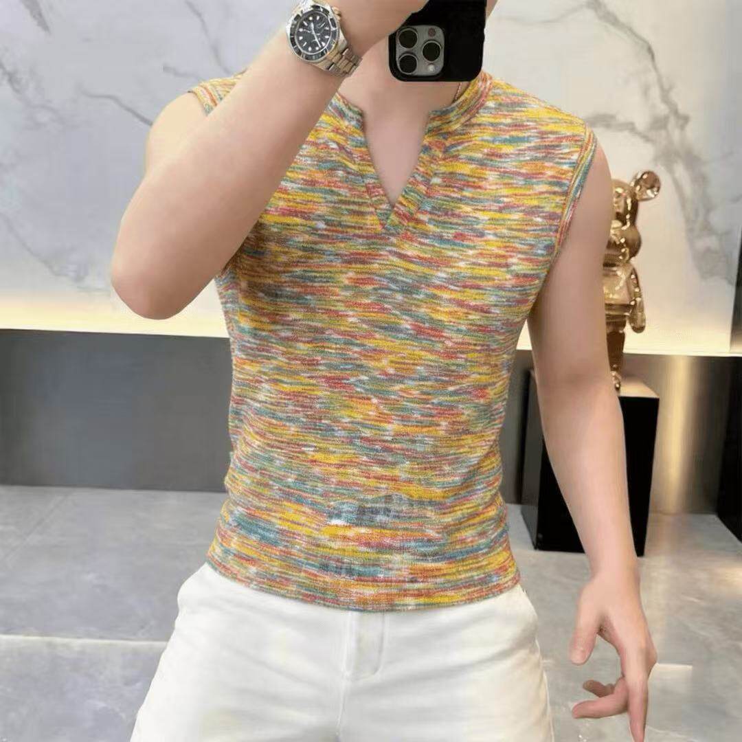韩系彩虹色小V领针织背心男生松弛感潮牌坎肩慵懒风透气无袖T恤衫