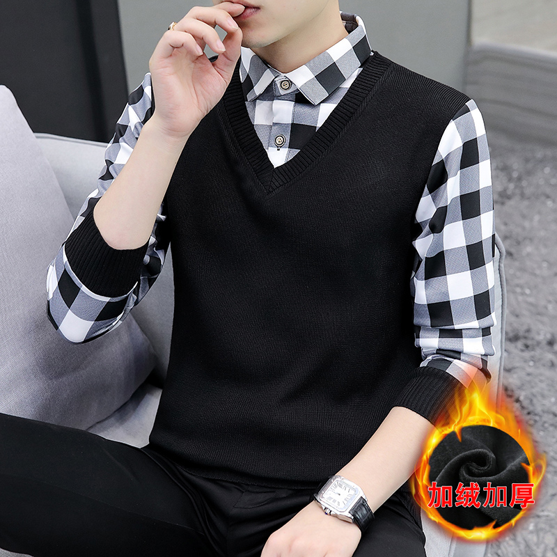 春秋冬季假两件毛衣男潮流衬衫领帅气针织打底衫秋装有带领上衣服