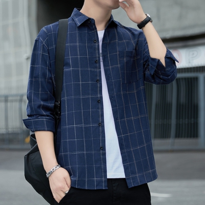 格子衬衫男式长袖春秋季翻领外套宽松上衣服薄款休闲男士衬衣夏天
