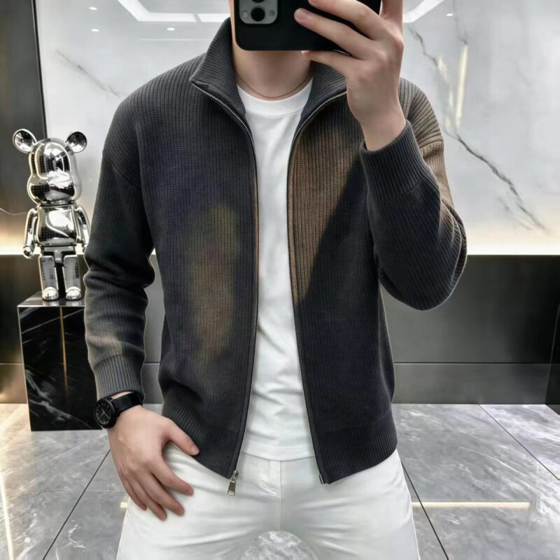 男士灰色立领拉链针织开衫毛衣外套休闲纯色百搭青年秋冬季上衣服